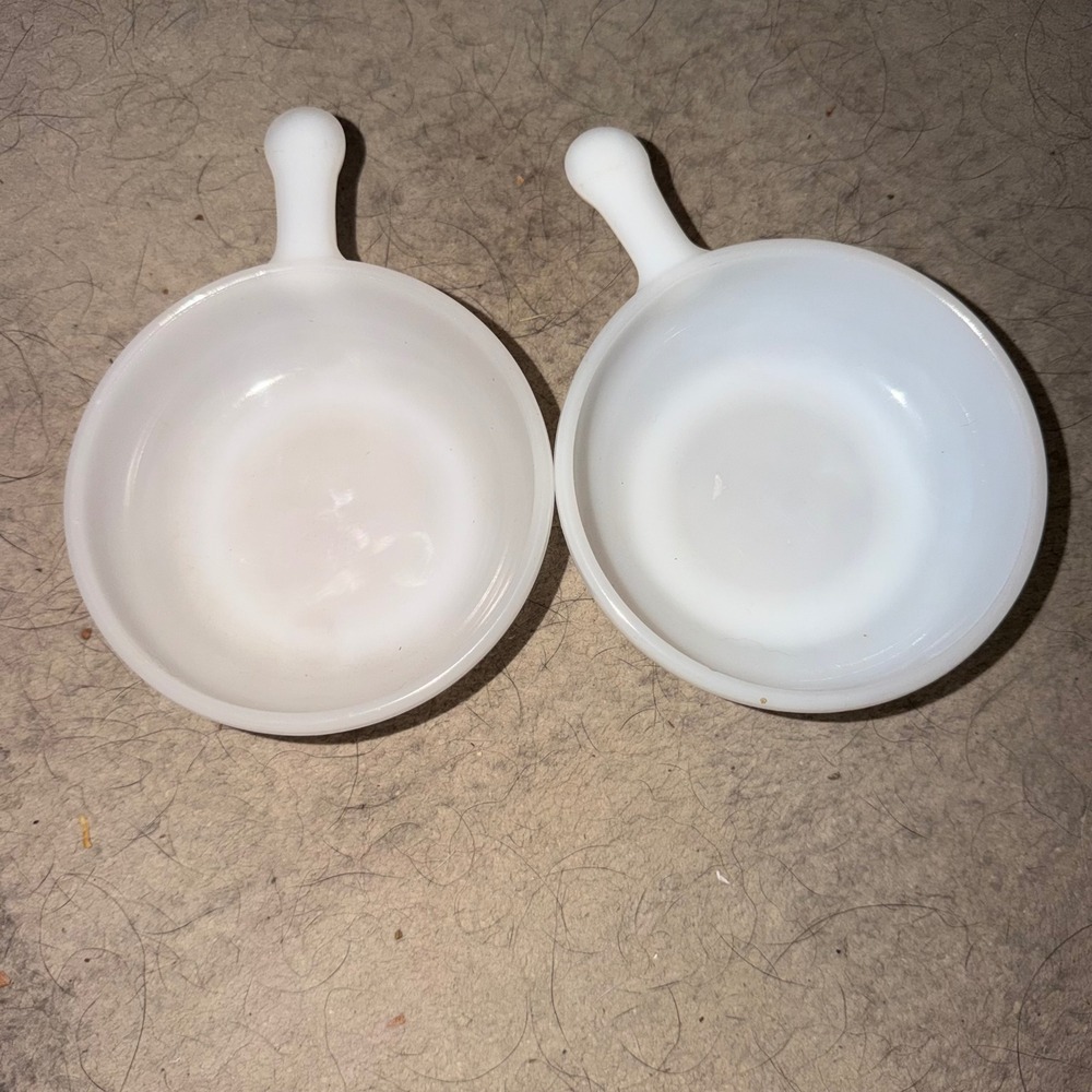 Vintage Glasbake Milk Glass Ramekins White Soup Bowls with Handles Set of 2